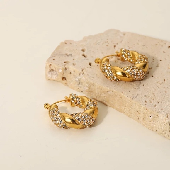 18k Gold Plated Croissant Twisted Chunky Hoop Earrings - Picture 3 of 9
